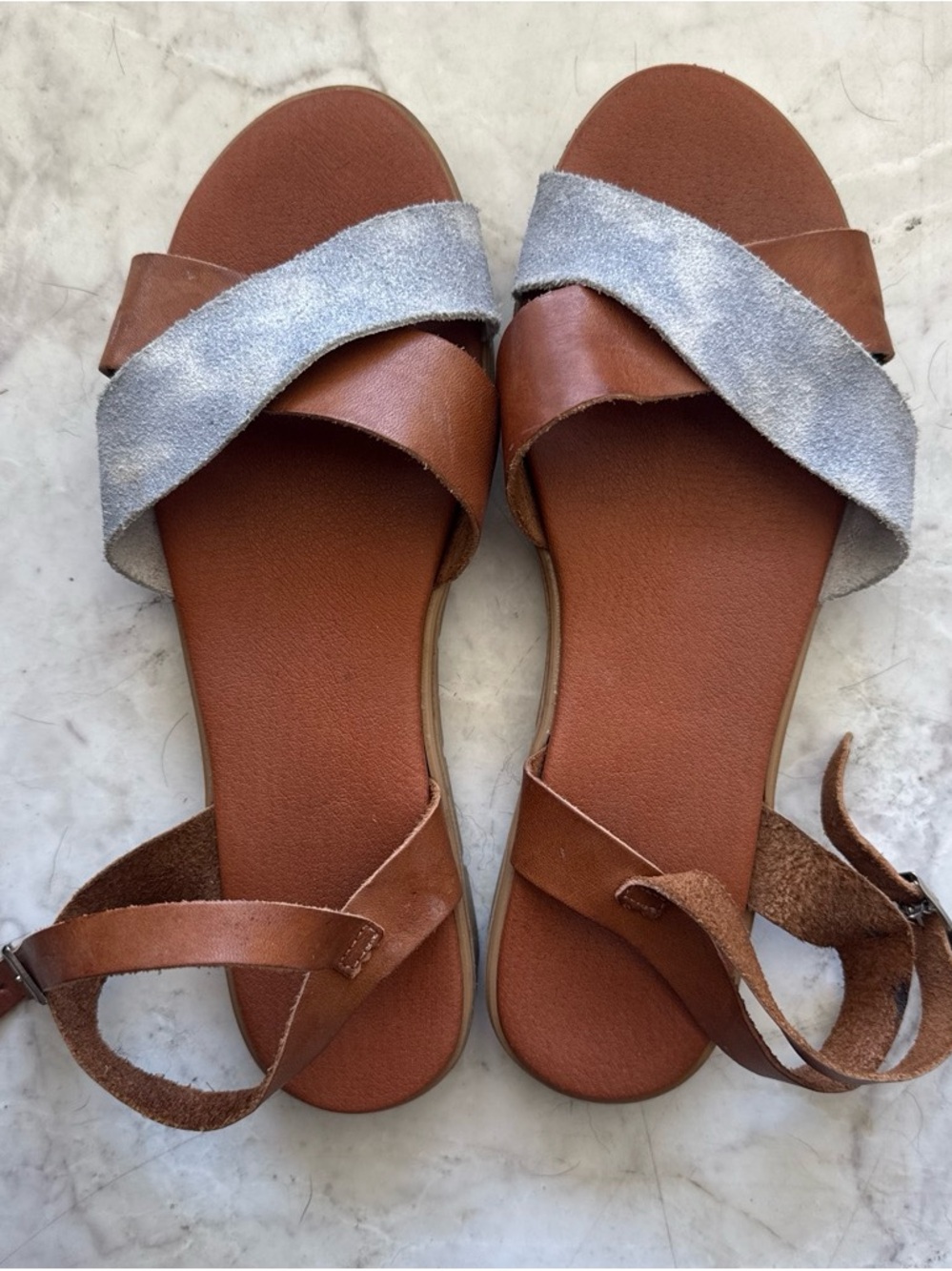 Made in Spain brown leather strap sandals with blue shiny cloud color detail